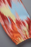 Patchwork de bandage d'impression sexy orange rouge col en V à manches longues deux pièces