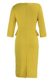 Amarillo elegante sólido patchwork volante rebordear o cuello un paso falda vestidos