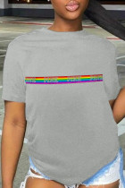 Grå Casual Street Print Patchwork T-shirts med bokstav O-hals
