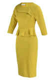 Amarillo elegante sólido patchwork volante rebordear o cuello un paso falda vestidos