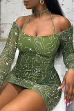 Vestidos de falda de lápiz halter de patchwork con estampado sexy verde