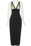 Черные платья-юбка-карандаш в полоску с V-образным вырезом и пэчворком