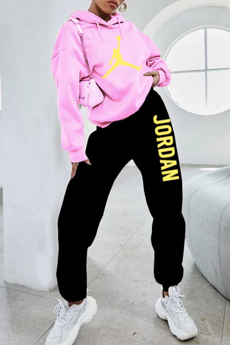 

Pink Street Print Letter Hooded Collar Long Sleeve Two Pieces