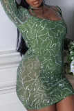 Vestidos de falda de lápiz halter de patchwork con estampado sexy verde