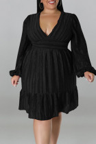 Zwarte casual effen patchwork gevouwen V-hals rechte jurken