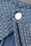Botones de retazos de borla sólido sexy azul claro cuello en V asimétrico manga larga dos piezas (contiene la bufanda)