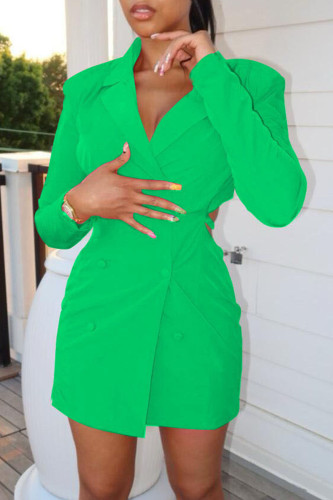 Green Casual Solid Bandage Hollowed Out Turn-back Collar Long Sleeve Dresses