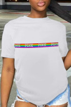 Vita Casual Street Print Patchwork T-shirts med bokstav O-hals