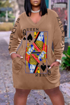 Dark Brown Casual Print Patchwork V Neck Long Sleeve Dresses