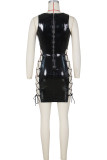 Black Sexy Solid Bandage Hollowed Out Patchwork Asymmetrical Asymmetrical Collar Pencil Skirt Dresses