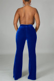 Calça de cintura alta regular azul casual patchwork sólido