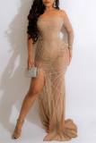 Black Sexy Patchwork Hot Drilling See-through Backless Slit Off the Shoulder Long Sleeve Dresses