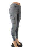 Jeans jeans azul claro casual patchwork sólido bolso cintura alta