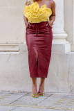 Coffee Casual Solid Patchwork Slit Straight High Waist Straight Solid Color Bottoms
