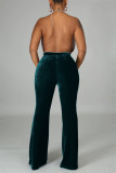 Ink Green Casual Solid Patchwork Regular High Waist Trousers