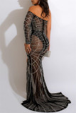 Black Sexy Patchwork Hot Drilling See-through Backless Slit Off the Shoulder Long Sleeve Dresses