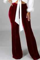 Rode casual effen patchwork normale broek met hoge taille