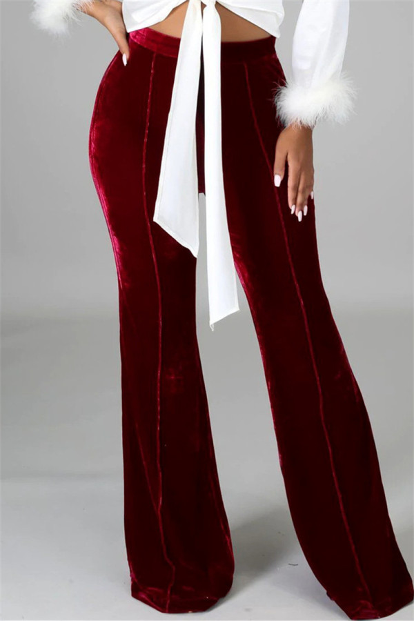Pantalon décontracté taille haute en patchwork uni rouge