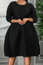 Vestidos retos pretos casuais de patchwork sólido com decote O