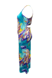 Синий сексуальный принт лоскутное платье с лямкой на шее русалка плюс размер платья