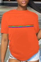 Oranje Casual Street Print Patchwork T-shirts met letter O-hals