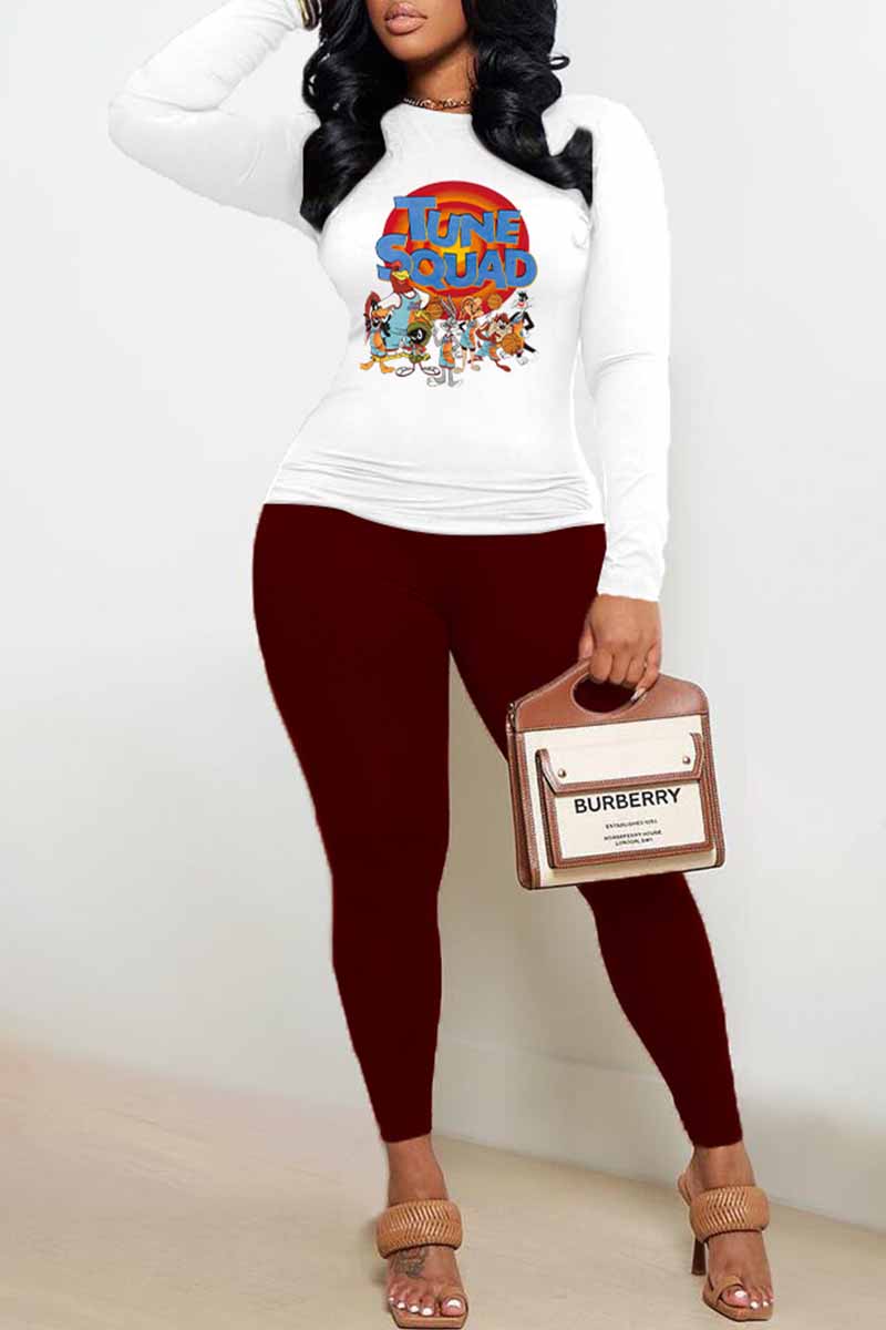 

Burgundy Street Character Print Letter O Neck Long Sleeve Two Pieces