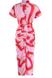 イエロー ファッション カジュアル プリント バンデージ パッチワーク バックル ターンダウン カラー シャツ ドレス ドレス