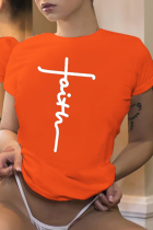 Orange Casual Street Daily Print Patchwork T-shirts med bokstav O-hals