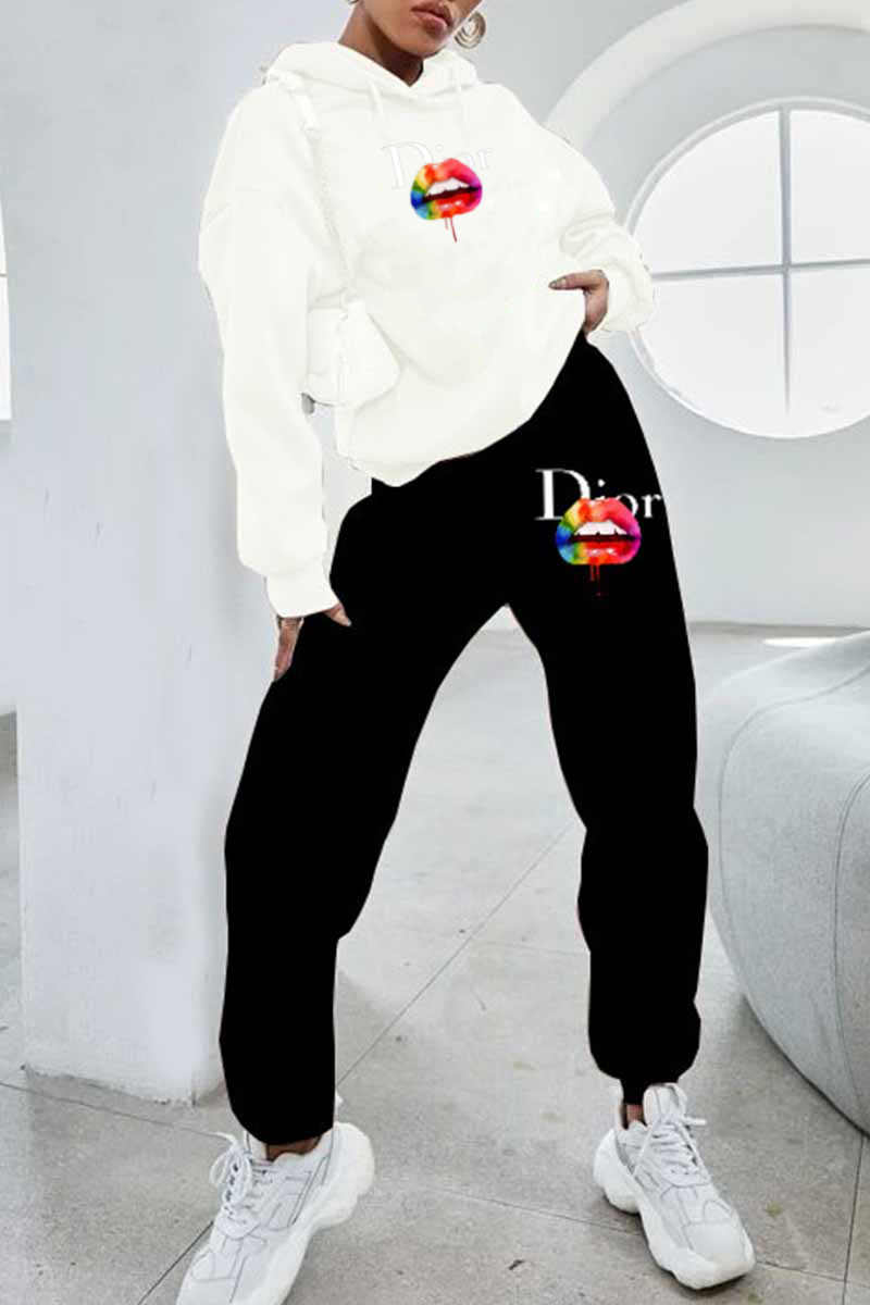 

White Casual Print Letter Hooded Collar Long Sleeve Two Pieces