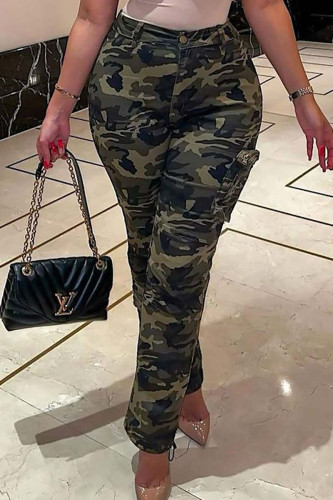 Army Green Casual Street Camouflage Print High Waist Straight Leg Cargo Pants