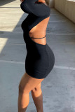 Black Sexy Solid Patchwork Backless Half A Turtleneck Pencil Skirt Dresses