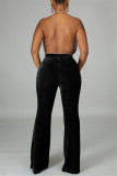 Pantaloni a vita alta regolari con patchwork solido nero