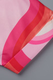Розовые модные повседневные платья-рубашки с принтом в стиле пэчворк и пряжкой с отложным воротником