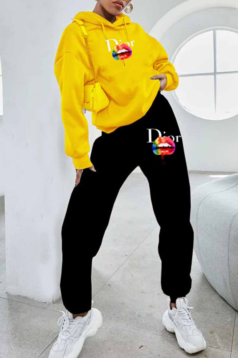 

Yellow Casual Print Letter Hooded Collar Long Sleeve Two Pieces