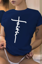 Marinblå Casual Street Daily Print Patchwork T-shirts med bokstav O-hals