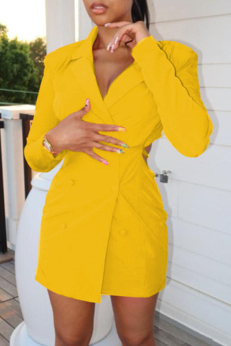 Yellow Casual Solid Bandage Hollowed Out Turn-back Collar Long Sleeve Dresses