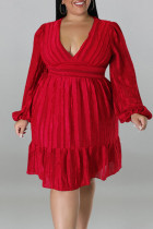 Rode casual effen patchwork gevouwen V-hals rechte jurken