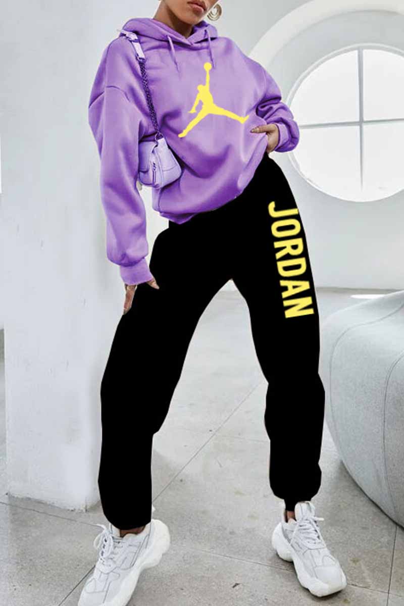 

Purple Street Print Letter Hooded Collar Long Sleeve Two Pieces