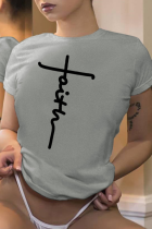 T-shirts décontractés à col rond et patchwork imprimés de rue gris