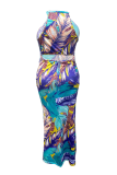 Azul sexy estampado patchwork halter trompeta sirena vestidos de talla grande