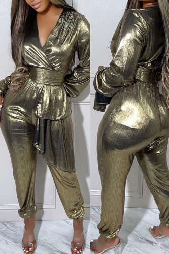 Gold Sexy Solid Patchwork V Neck Regular Jumpsuits
