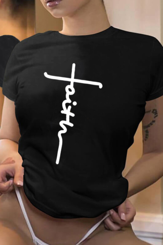 Camisetas pretas casuais com estampa diária de retalhos letra O no pescoço