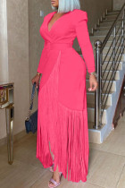 Patchwork di nappe solide casual alla moda rosa con abito a maniche lunghe con scollo a V e cintura