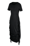 Robes de jupe crayon à col rond à volants solides à la mode noire