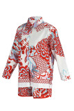 Orange Red Casual Print Patchwork Buckle Turndown Collar Long Sleeve Two Pieces