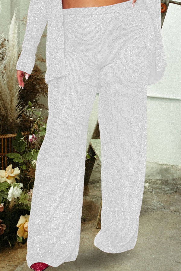 Argent Blanc Sexy Paillettes Solides Patchwork Droite Taille Haute Bas De Couleur Unie