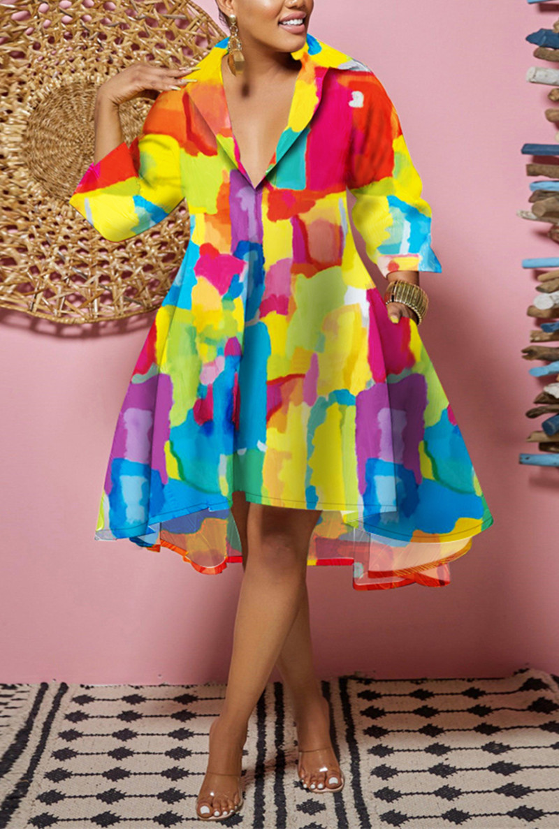 

Blue Yellow Fashion Casual Print Patchwork Turndown Collar Shirt Dress