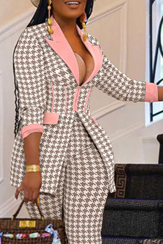 Rose Casual Plaid Patchwork Turndown Collar Plus Size Two Pieces