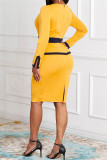 Yellow Casual Work Solid Patchwork Square Collar One Step Skirt Dresses