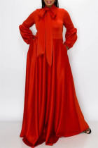 赤 カジュアル ソリッド ボウ O ネック ロングスリーブ プラスサイズ ドレス